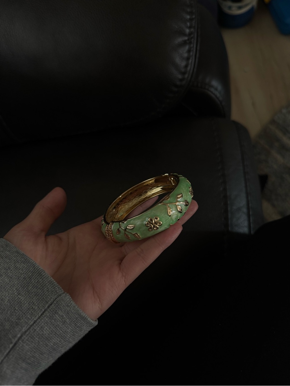 Gold-Plated Green Floral Enamel Bangle Bracelet - Women Jewelry - Picture 2 of 3